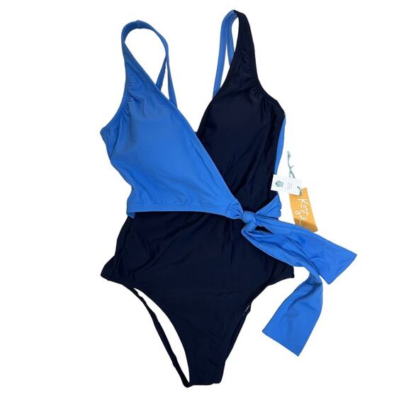 Kona Sol Blue Colorblock Wrap Front One-Piece Swimsuit Medium NWT - Picture 8 of 12
